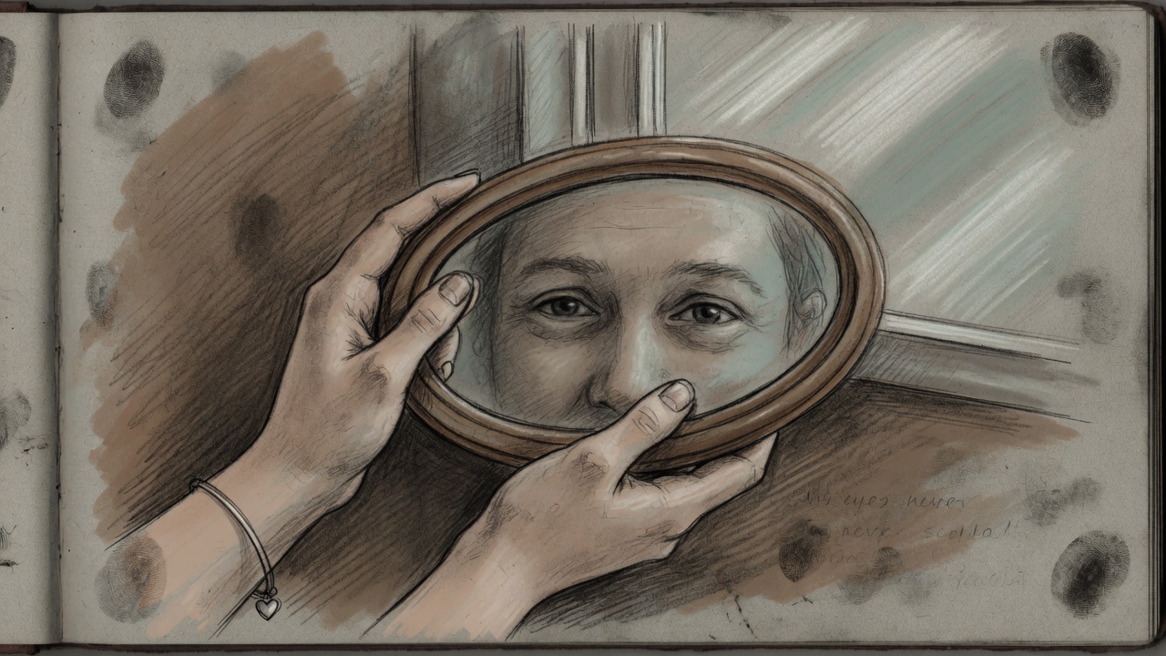 A daughter's hands holding a mirror, the reflection showing her father's tender eyes
