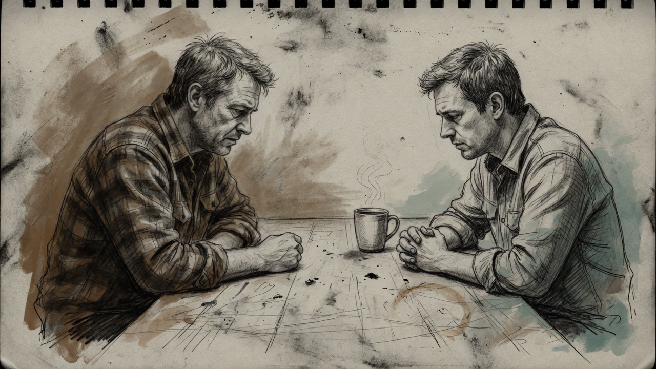 Father drawn in pencil and son drawn in ink at a kitchen table, both silent over coffee