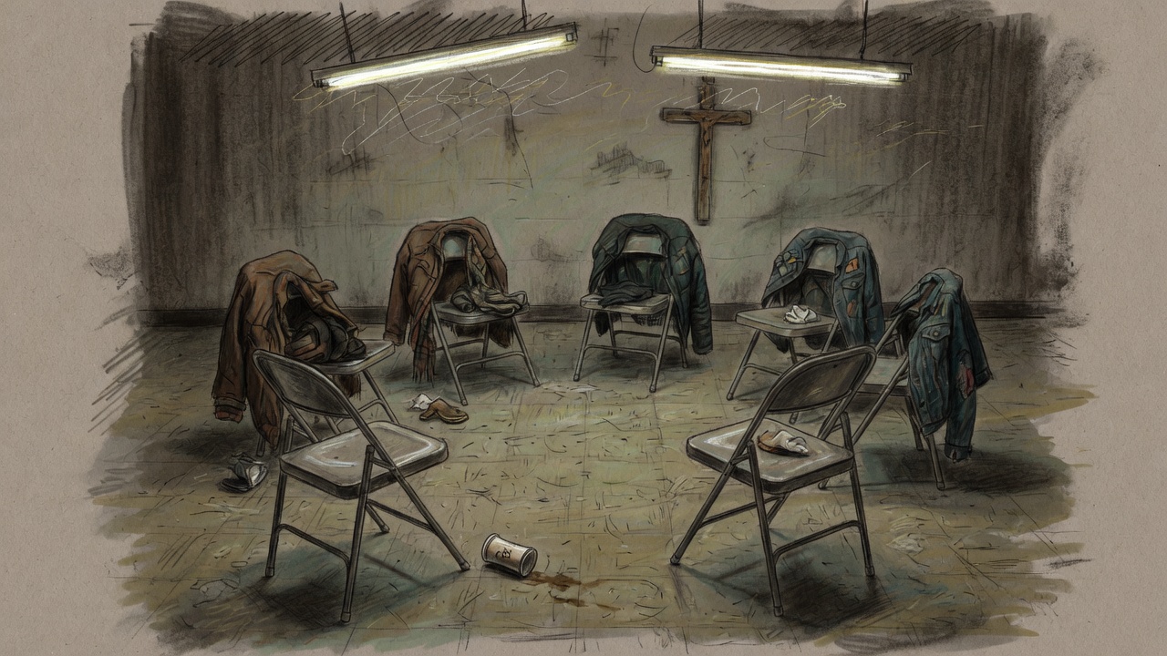 Eight folding chairs in a dim church basement, coats draped, one chair empty, paper coffee cup on the floor