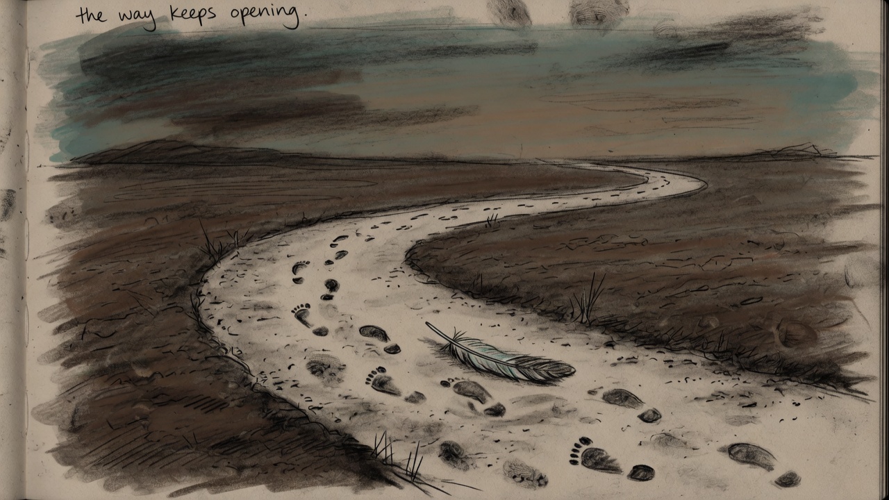 Footprints in soft soil along a curving path that diverges from a closed circle
