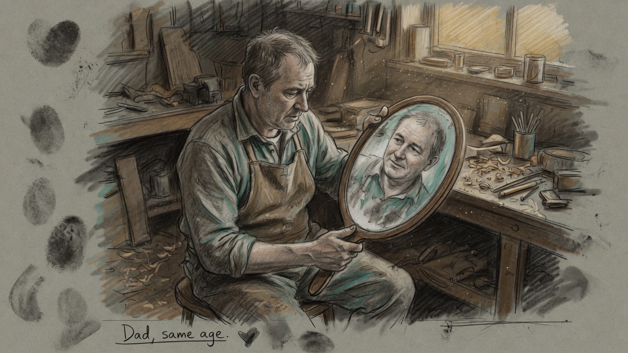 A man in a workshop holding a mirror reflecting his father's hand resting gently on his shoulder