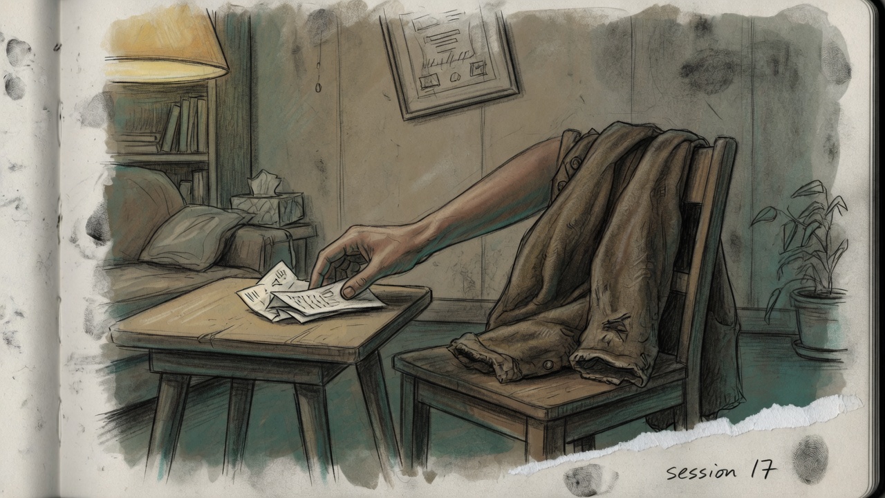 A man's worn coat on a chair in a quiet therapy office, soft lamp light