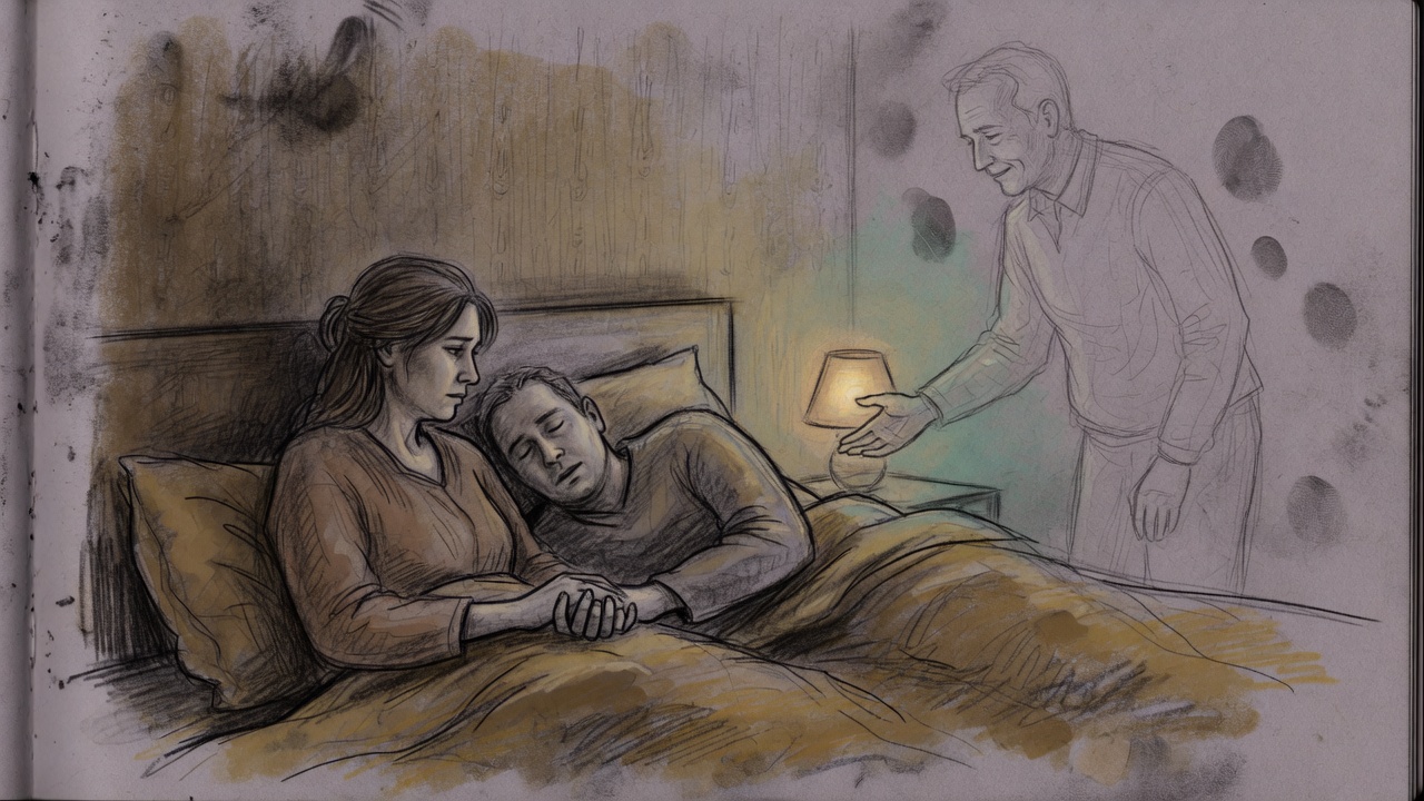 Wife holding her sleeping husband's hand at night, a faint outline of his father on the wall behind them
